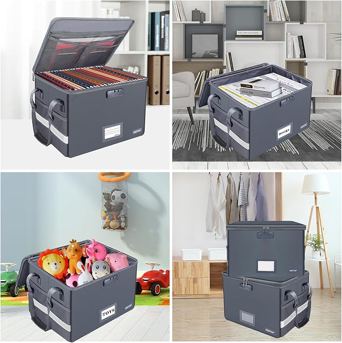 ENGPOW File Box with Lock, Fireproof Document Box with Zipper Lid, Collapsible File Organizer Storage Filing Cabinet with Handle, Portable Home Office Safe for Hanging Letter/Legal Folders, Grey-DeskLoop Office