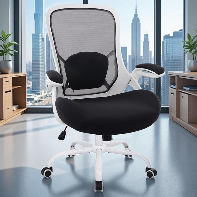 HYLONE 400lbs Heavy Duty Office Chair, 5" Thickened Seat Ergonomic Desk Chair with Adjustable Armrests, Home Office Computer Chairs for Long Hours Mesh Executive Chair(White Base&Black)-DeskLoop Office