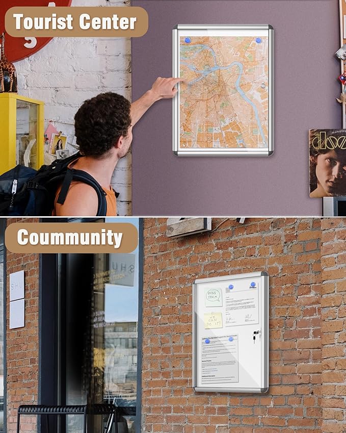 26"x20" Enclosed Bulletin Board, Lockable Weather-Resistant Aluminum Noticeboard for School & Office, Silver Frame w/Magentic Whiteboard-DeskLoop Office