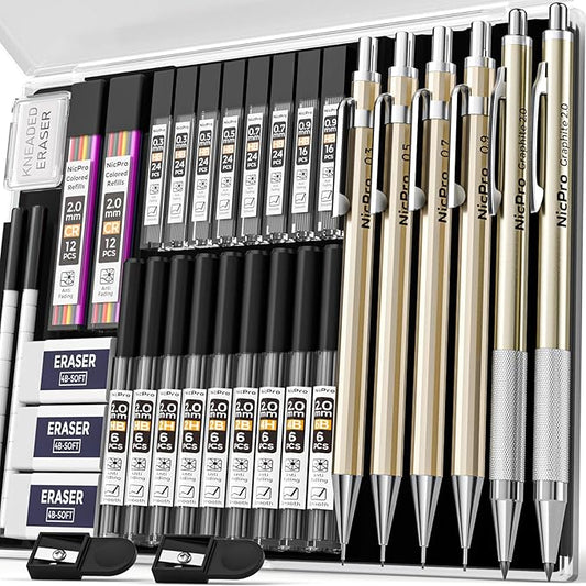 Nicpro 34PCS Art Mechanical Pencil Set, Metal Drafting Pencil 0.3 mm & 0.5 mm & 0.7 mm & 0.9 mm & 2PCS 2mm Lead Holder (6B 4B 2B HB 2H 4H Colors) For Sketching Drawing With 19 Tube Lead Refills Case-DeskLoop Office