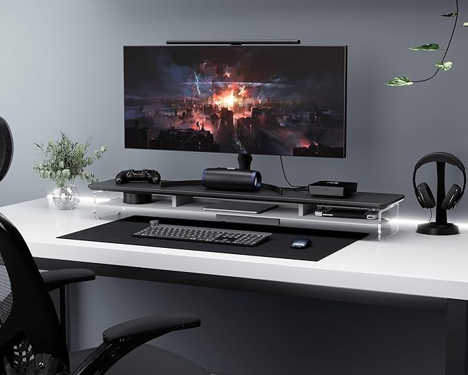 Fenge Acrylic Monitor Stand Riser, 42.5 Inches Dual Monitor Stand with Metal Storage, 2 Tier Acrylic Computer Riser for Desk, Clear Laptop Stand for PC, Laptop, Printer, TV, Black-DeskLoop Office