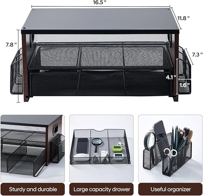 Printer Stand,Desktop Printer Stand with 2-Tier Storage Shelves for Home Office,Desk Organizer with Drawer and 2 Pen Holders for Fax Machine Scanner Files