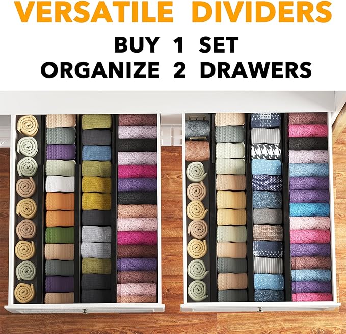 SpaceAid Bamboo Dresser Drawer Dividers 6 Pack, 4.65“ High Adjustable 17“-22” Drawer Organizers, Expandable Organization for Clothing, Clothes, Dressers, Black-DeskLoop Office