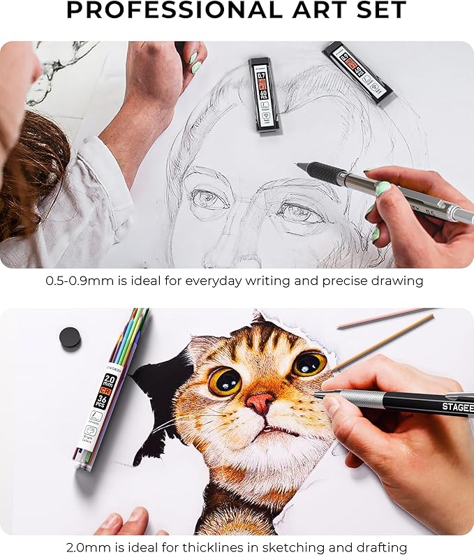 30PCS Art Mechanical Pencil Set with Leather Bag, Metal Artist Lead Pencil 0.5, 0.7, 0.9 mm, 3PCS 2mm Sketching Pencil (4H 2H HB 2B 4B 6B Color) with 464PCS Graphite Lead Refills for Drawing-DeskLoop Office