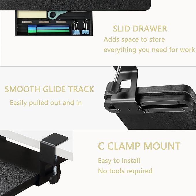 ETHU Keyboard Tray Under Desk, 26.77" X 11.81" Large Size Keyboard Tray with C Clamp-on Mount Easy to Install, Computer Keyboard Stand, Ergonomic Keyboard Tray for Home and Office (Black)-DeskLoop Office