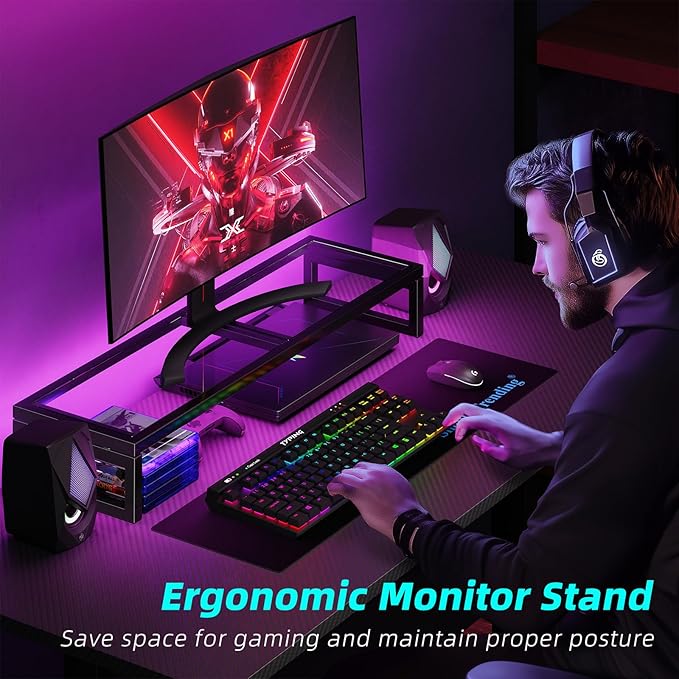 Simple Trending Dual Monitor Stand Riser, Tempered Glass Computer Desk Organizer with Mouse Pad for Laptop, iMac, TV, Black-DeskLoop Office