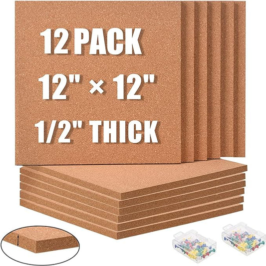 SUNGIFT Cork Board 12"x12" - 1/2" Thick Square Bulletin Boards 12 Pack Cork Tiles with 100 PCS Push Pins Mini Wall Self-Adhesive Corkboards Tiles for Wall-DeskLoop Office