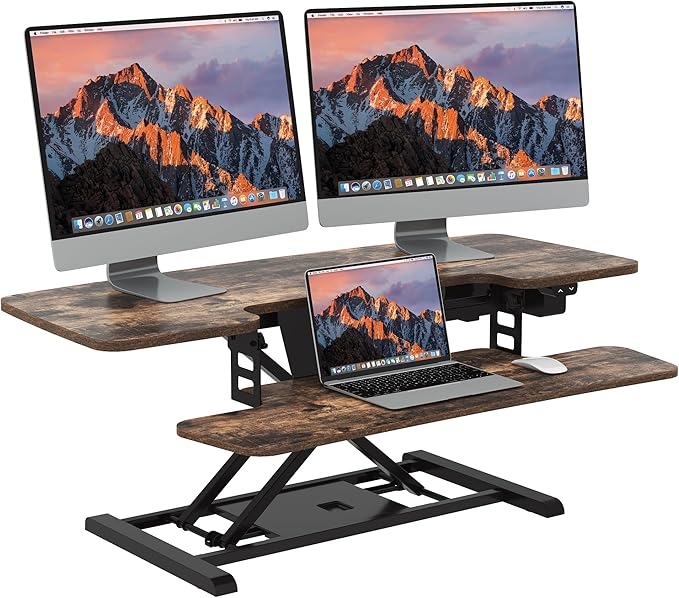 SANODESK Standing Desk Converter with Electric Motor 42" Height Adjustable Riser for Office Home,Dual Monitor and Laptop Workstation with Large Keyboard Tray,Rustic Color-DeskLoop Office