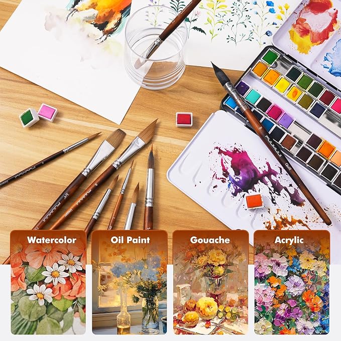 Watercolor Brushes Professional, Fuumuui 9pcs Sable Paint Brushes & Natural Squirrel Mop Brush Set with Extended Needle, Round Point, Flat, Dagger, Quill Wash for Watercolor Gouache Inks-DeskLoop Office