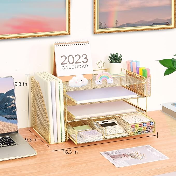 Desk Organizer and Accessories, 4-Tier Desktop File Organizer with Drawer and 2 Pen Holders, Office Desk Accessories for Office Supplies(Gold)-DeskLoop Office