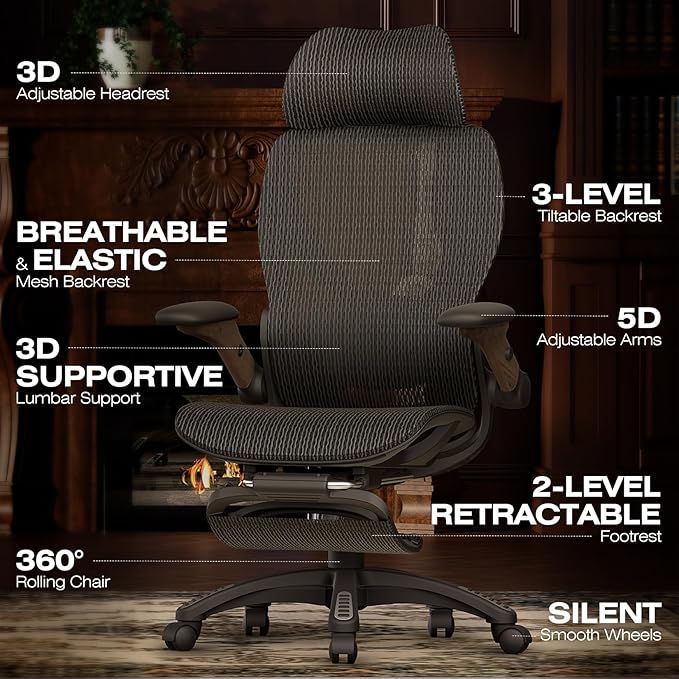 ELABEST X100 Ergonomic Office Chair with Footrest, Big and Tall Home Desk Chair with 5D Flip-Up Arms, Adjustable 5D Lumbar Support,High Back Rolling Computer Chair, Swivel Mesh Chairs (Library Oak)-DeskLoop Office