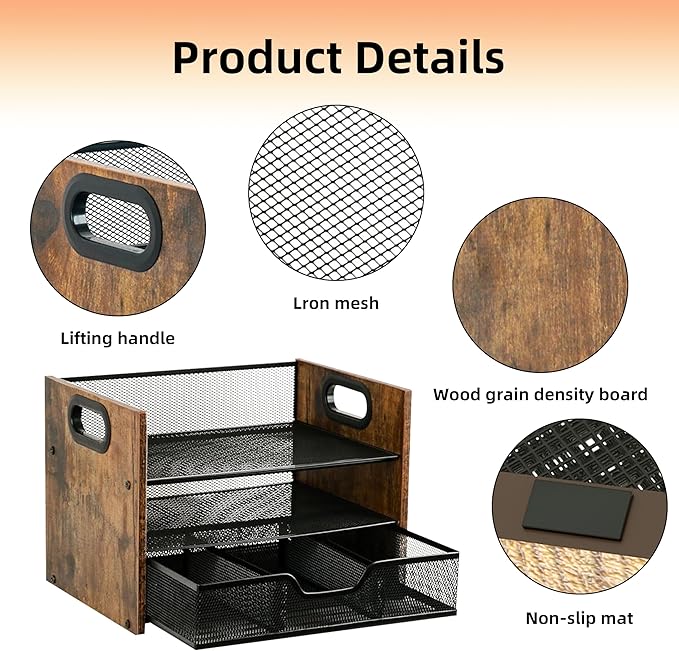Wood Desk Organizer - 3-Tier Desktop File Organizer with Drawer, Wooden Paper Tray, Office Desk Organzier and Accessories for Papers, Mail, Notebooks, Stationery-DeskLoop Office