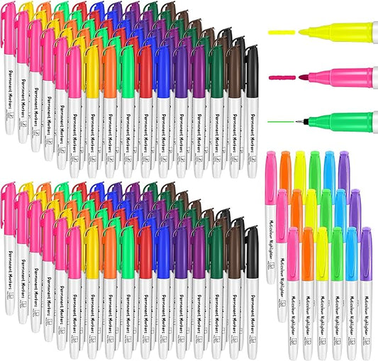 Aodaer 144 Pack Permanent Markers, 3mm and 0.5mm, Colored Fine Point Markers and Highlighter, Waterproof, Quick-drying, Smooth Markers for Home Office School Supplies, Works on Wood, Plastic, Metal-DeskLoop Office