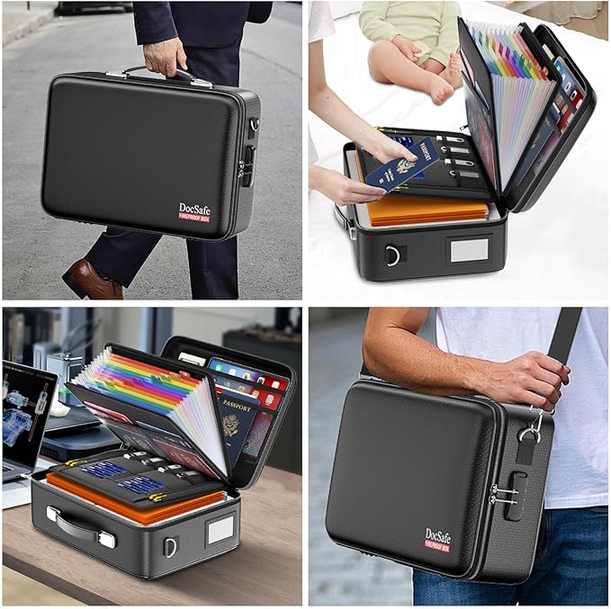 DocSafe Fireproof Document Box with Lock, Hard Case File Organizer with Accordion File Folder, Fireproof Water Resistant Safe Box Home Office Travel Storage for Important Documents Laptop Black-DeskLoop Office