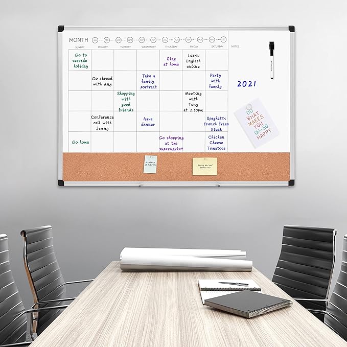 Amazon Basics 24" x 36" Monthly Whiteboard Calendar with Cork Board, Wall Mounted, Easy to Install, Silver Aluminum Frame-DeskLoop Office