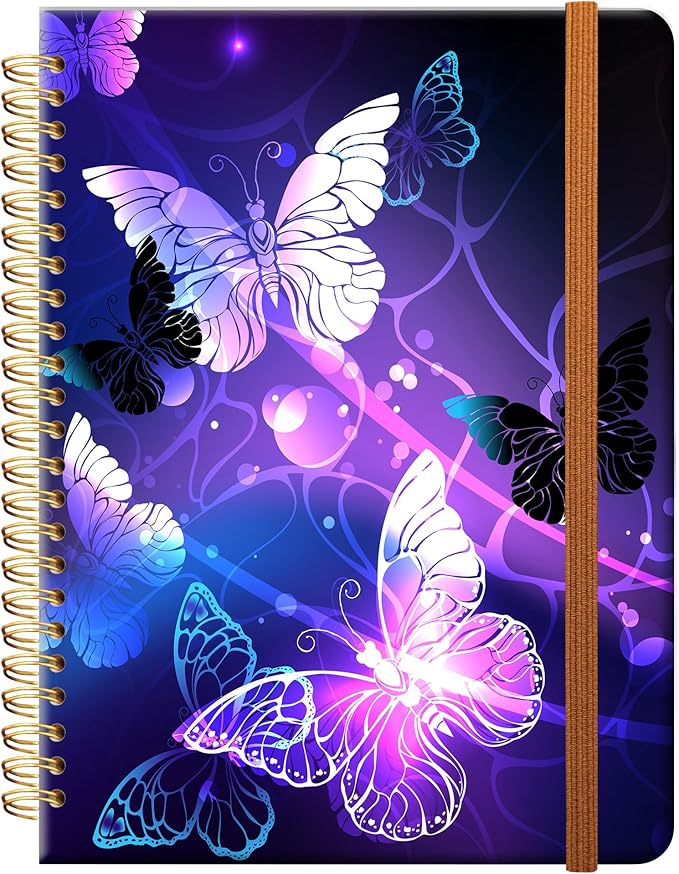 Ruled Spiral Writing Notebook,A5 Hardcover Lined College Journal for Women Lady,Fashion Puppy Watercolor Strong Twin-Wire Binding with Premium Paper,8.4" X 6",Perfect for School,Office,Home Gifts(Night Glowing Butterfly)-DeskLoop Office