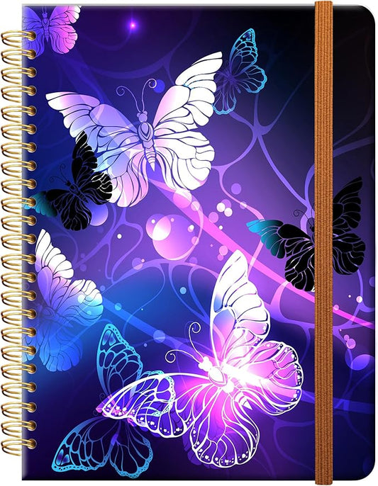 Ruled Spiral Writing Notebook,A5 Hardcover Lined College Journal for Women Lady,Fashion Puppy Watercolor Strong Twin-Wire Binding with Premium Paper,8.4" X 6",Perfect for School,Office,Home Gifts(Night Glowing Butterfly)-DeskLoop Office