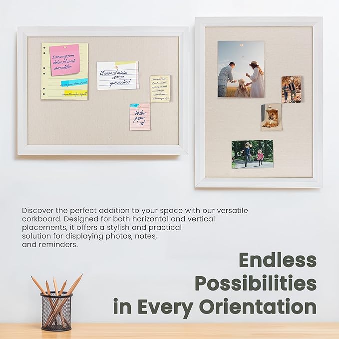 Bulletin Board Cork Board with Linen, 100% Wood Framed 18" x 24" Bulletin Board Decorations, Pin Boards for Walls, Wall Mounted Fabric Picture Board with 10 Pushpins for School, Home & Office, White-DeskLoop Office