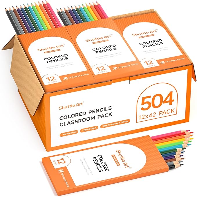 Shuttle Art 504 Colored Pencils Bulk, 12 Vibrant Colors, Pack of 42, Pre-sharpened Coloring Pencils, Wood Colored Pencil for Kids Teachers, Classroom Essentials, Back to School Supplies-DeskLoop Office