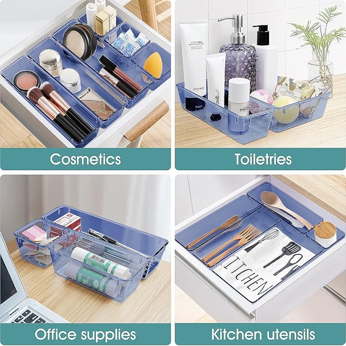 WOWBOX 25 PCS Plastic Drawer Organizer Set, 4 Sizes Desk Drawer Divider Organizers and Storage Bins for Makeup, Jewelry, Gadgets for Kitchen, Bedroom, Bathroom, Office, Clear Dark Blue-DeskLoop Office