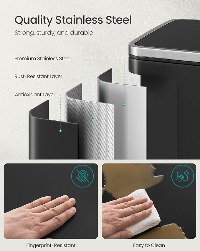 SONGMICS Trash Can, 13-Gallon Gabbage Can, with 15 Trash Bags, Steel, with Soft-Close Lid, Removable Inner Bucket, Handles, Ink Black ULTB595B01V1-DeskLoop Office