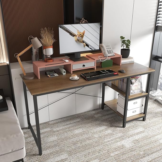 WESTREE Dual 3 Shelf Computer Riser with Drawer, Adjustable Length and Angle, Desktop 2 Monitor Stand Storage Organizer-DeskLoop Office