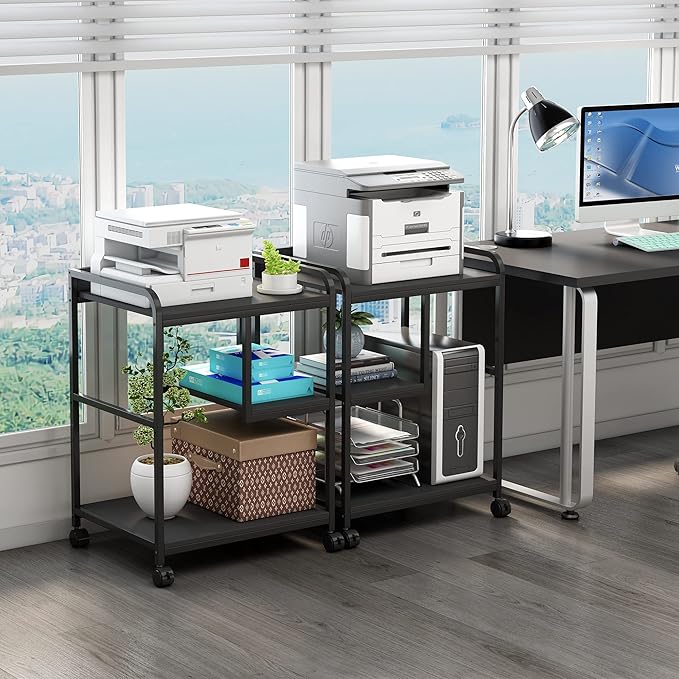 Printer Stand with Storage Shelf for Home Office Organization, 22 x 18 Inch Large Printer Table with Wheels, Shredder Stand, CPU Stand, Rolling Cart for Host Computer, PC Tower, Desktop- Black-DeskLoop Office