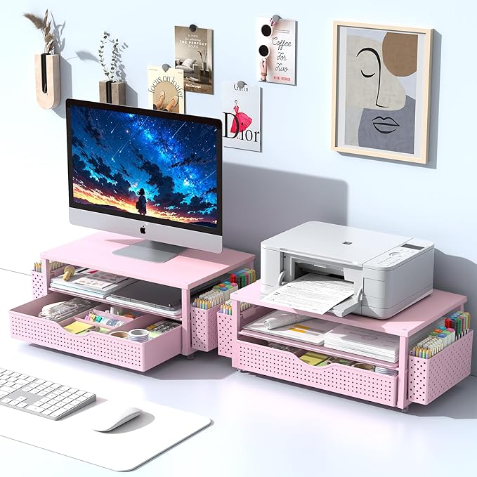 Desk Organizer and Accessories, Computer Monitor Stand Riser with Drawer and 2 Pen Holders, Office Desk Accessories & Workspace Organizers for Office Supplies (Pink)-DeskLoop Office