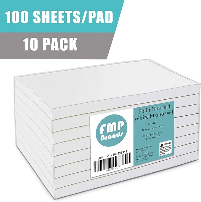 FMP Brands 10 Pack Note Pads 4x6, 100 Sheets Per Memo Pad, Writing Scratch Pad, Blank Notepad, White Waitress Server Note Pads, Paper Pad, To Do Grocery List Small Notepads-DeskLoop Office