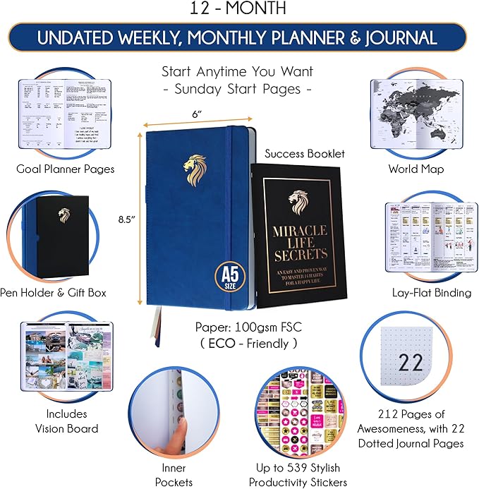 Hourly Planner - Undated Daily, Weekly & Monthly Planner with Budget Section | A 12 Month Journey to Increase Productivity & Happiness | Life Organizer & Gratitude Journal - Vertical Format-DeskLoop Office