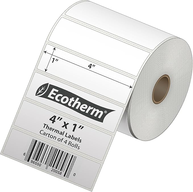 4" x 1" Thermal Labels | 4 Rolls | 5360 Labels | fits Zebra, Munbyn, Rollo, Godex, Arkscan, iDPRT, Offnova Thermal Label Printers and More | Blank White Adhesive Stickers by Ecotherm-DeskLoop Office