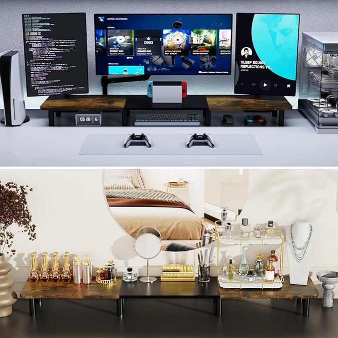 43.7" Extra Long Dual Monitor Stand Riser, Wood & Steel Monitor Stand for 2 Monitors, Wide TV Stand, Desktop Riser for Desk Organization, Home Office、Laptop,Printer,TV (Vintage black)-DeskLoop Office