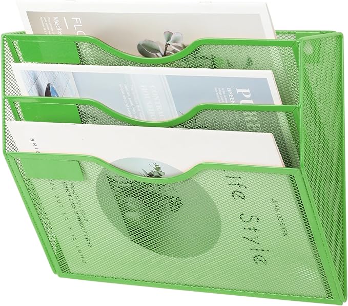 EASEPRES 3 Pocket Mesh Hanging Wall File Organizer, Wall Mounted Mail Paper Document Folder Holder, Clipboard Storage Organization Magazine Rack with Nametag Label for Office Home School, Green-DeskLoop Office