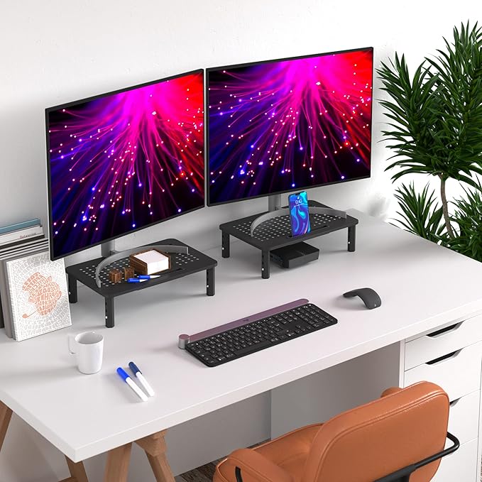 EVOOMI Back Saver Monitor Stand for Desk - 2 Pack Monitor Riser - Anti-Skid HD Hexagonal Steel Computer Stand - Free Cable Ties - Mesh Metal Computer Item Stand - Printer & iMac-DeskLoop Office