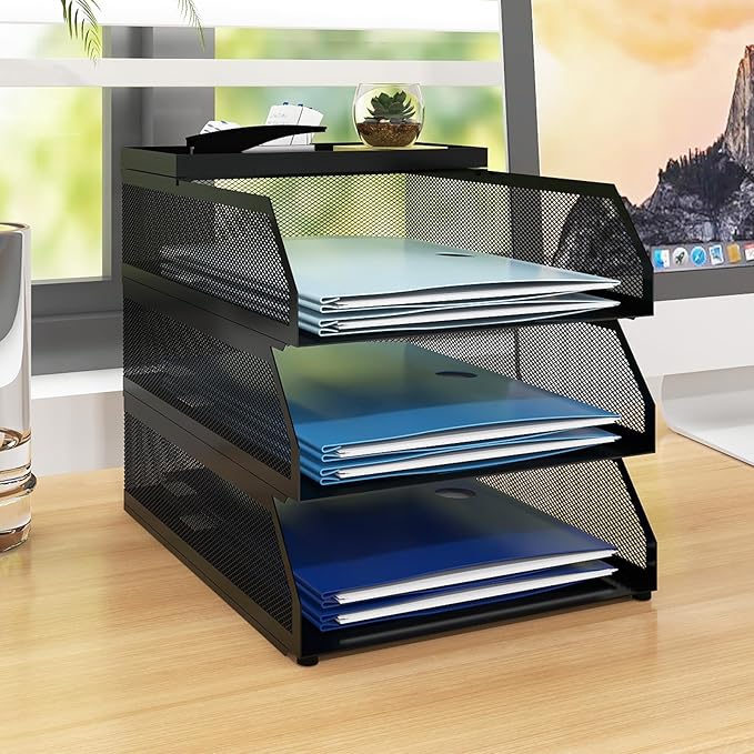 Natwind 3-Tier Stackable Paper Tray, Metal Mesh Desktop Organizer, Paper Sorter, Letter Trays,File Document Storage Rack for for Home, Office, School (Black)-DeskLoop Office