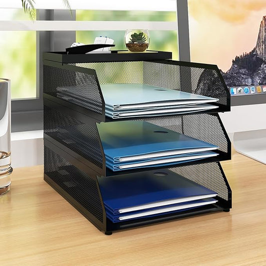 Natwind 3-Tier Stackable Paper Tray, Metal Mesh Desktop Organizer, Paper Sorter, Letter Trays,File Document Storage Rack for for Home, Office, School (Black)-DeskLoop Office