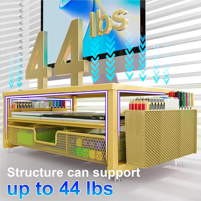 gianotter Desk Organizers and Accessories, Monitor Stand with Drawer and 2 Pen Holder, Desktop Organizer Suitable for Offices and Dormitories (Gold)-DeskLoop Office