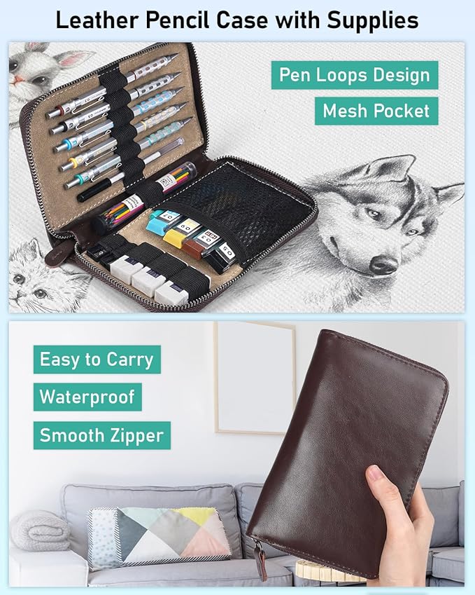 Nicpro Blocky Gear Metal Mechanical Pencil Set in Leather Case, 29PCS Art Drafting Pencils 0.3, 0.5, 0.7, 0.9&2mm Lead Pencil with 330PCS Lead (HB 2H 4H 2B 4B 6B Color) For Writing Sketching Drawing-DeskLoop Office