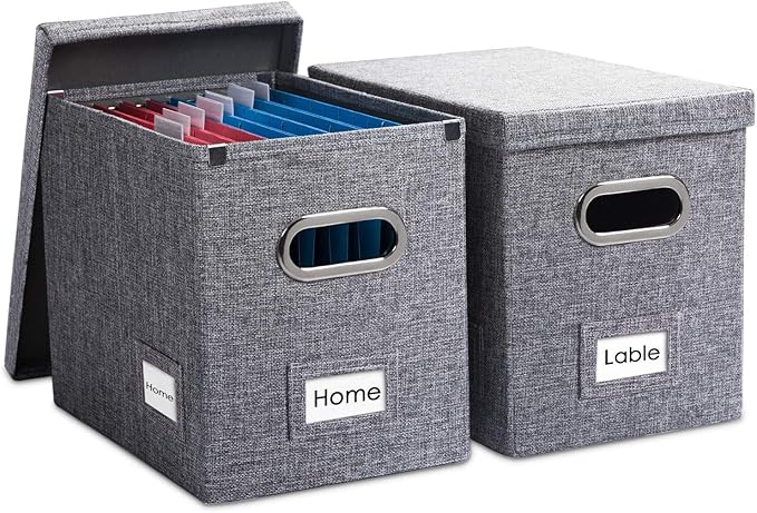 PRANDOM File Organizer Box - Set of 2 Collapsible Decorative Linen Filing Storage Hanging File Folders with Lids Office Cabinet Letter Size Grey (14x9.3x10.8 inch)-DeskLoop Office