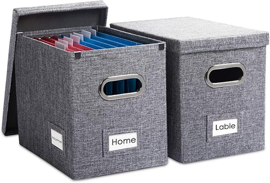 PRANDOM File Organizer Box - Set of 2 Collapsible Decorative Linen Filing Storage Hanging File Folders with Lids Office Cabinet Letter Size Grey (14x9.3x10.8 inch)-DeskLoop Office