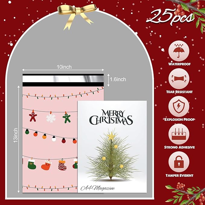 Christmas Poly Mailer 10x13 Inch 25 Pcs, Waterproof Shipping Bags for Clothing, Tear-Resistant Mailier Bags, Strong Mailing Bags with Self-Seal - Christmas Lights Printed-DeskLoop Office