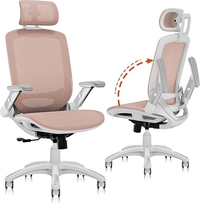 GABRYLLY Ergonomic Office Chair, High Back Home Desk Chair with Headrest, Flip-Up Arms, 90-120° Tilt Lock and Wide Cushion, 400LBS Mesh Chairs for Man Woman, White Task Chair(Pink,GY01WPK)-DeskLoop Office