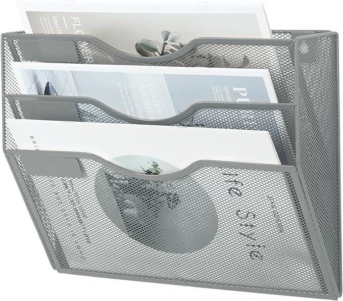 EASEPRES 3 Pocket Mesh Hanging Wall File Organizer, Wall Mounted Mail Paper Document Folder Holder, Clipboard Storage Organization Magazine Rack with Nametag Label for Office Home School, Gray-DeskLoop Office