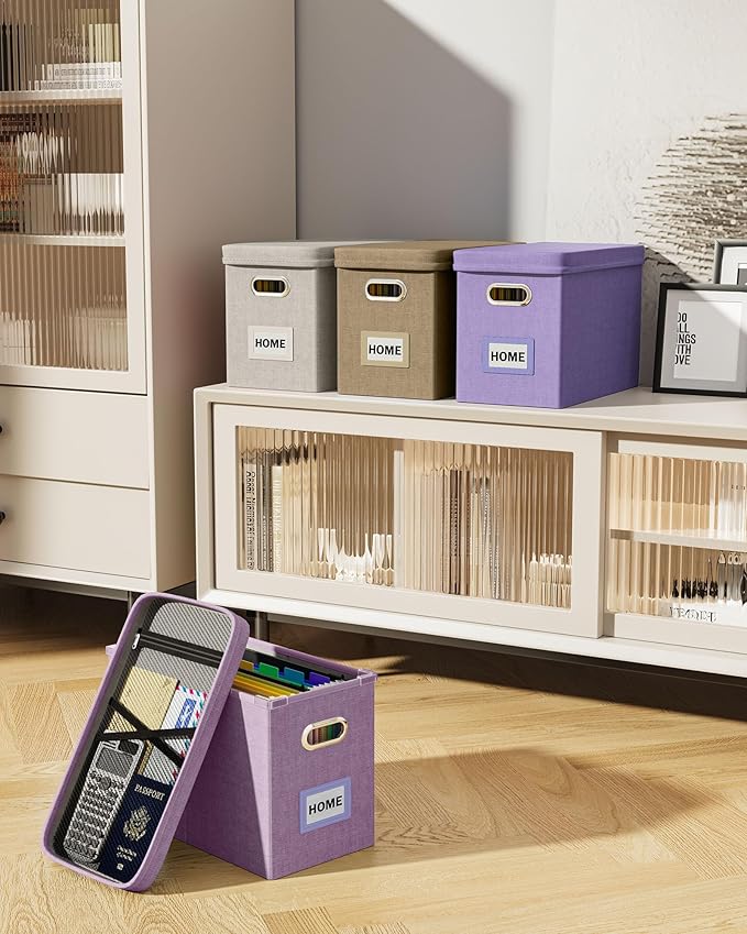 Oterri File Organizer with Lid, Hanging Filing Box with Mesh Pocket, Document Organizer for Letter Files, Portable Storage Box for Office & Home (1 PCS, Taro Purple)-DeskLoop Office