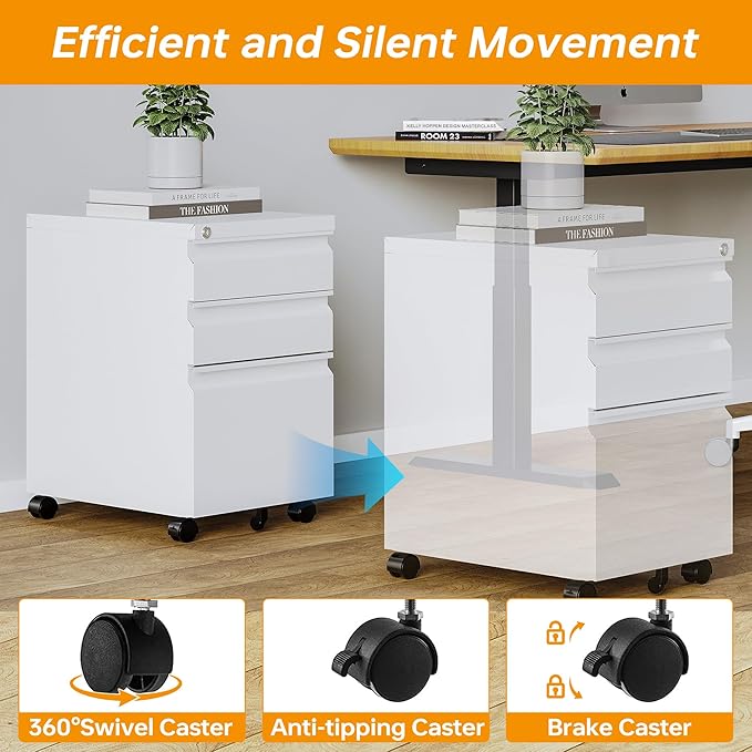 STANI Mobile File Cabinet with Lock Under Desk 3 Drawer Metal Filing Cabinet Locking Office Mobile Cabinet with Wheels Under Desk Office Drawers Rolling Mobile File Cabinet Fully Assembled-DeskLoop Office