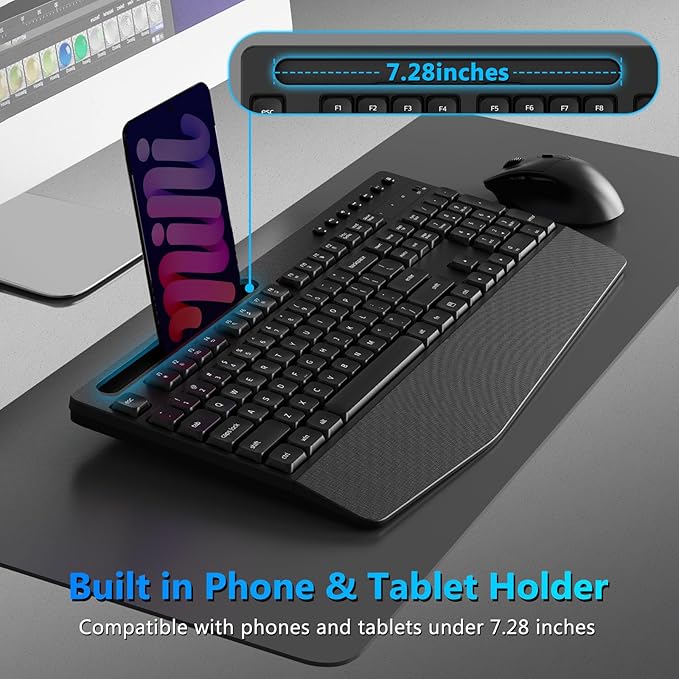 Wireless Keyboard and Mouse Combo, Full-Sized Ergonomic Keyboard with Wrist Rest, Phone Holder, Sleep Mode, Silent 2.4GHz Cordless Keyboard Mouse Combo for Computer, Laptop, PC, Mac, Windows-DeskLoop Office