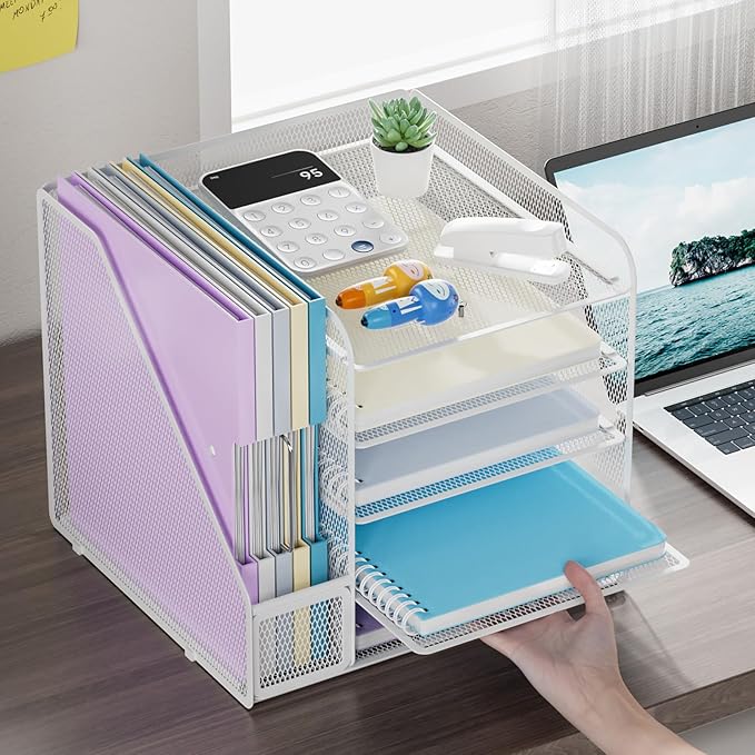 Marbrasse Desk Organizers and Accessories, 5-Tier Paper Letter Tray Organizer with File Holder, Mesh File Organizer, Office Desk Accessories & Organization for Supplies (White)-DeskLoop Office