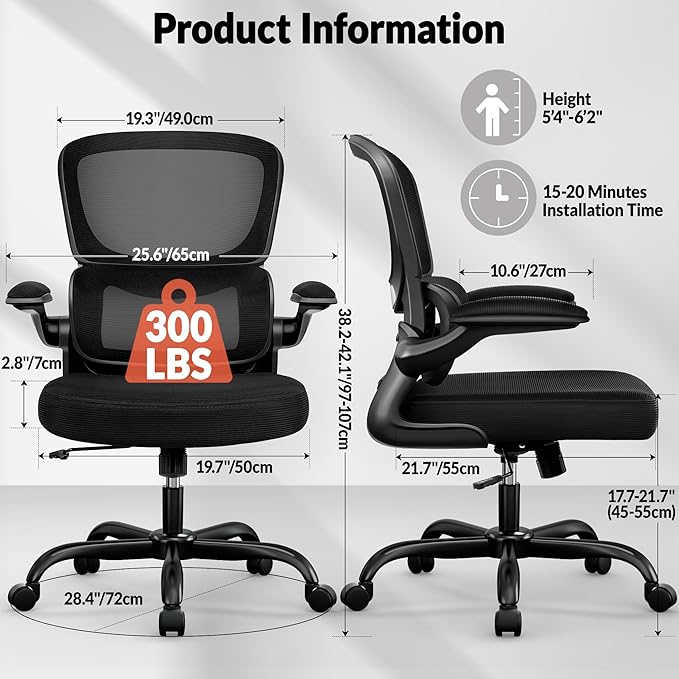 Home Office Desk Chair, Ergonomic Office Chair with Lumbar Support and Adjustable Armrests, Office Chair, Breathable Mesh Mid Back Computer Chair, Modern Comfy Desk Chair-DeskLoop Office