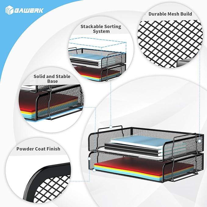 2 Tier Stackable Letter Tray, Metal Mesh File Storage Desktop Organizer for Home Office, Black-DeskLoop Office