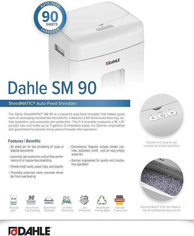 Dahle ShredMATIC SM 90 Auto-Feed Paper Shredder, Cross Cut, 90 Sheet Feed Tray, German Engineered, Jam Protection, Oil Free, SmartPower, P-4 Security, Shreds Staples/Paper Clips/Credit Cards-DeskLoop Office